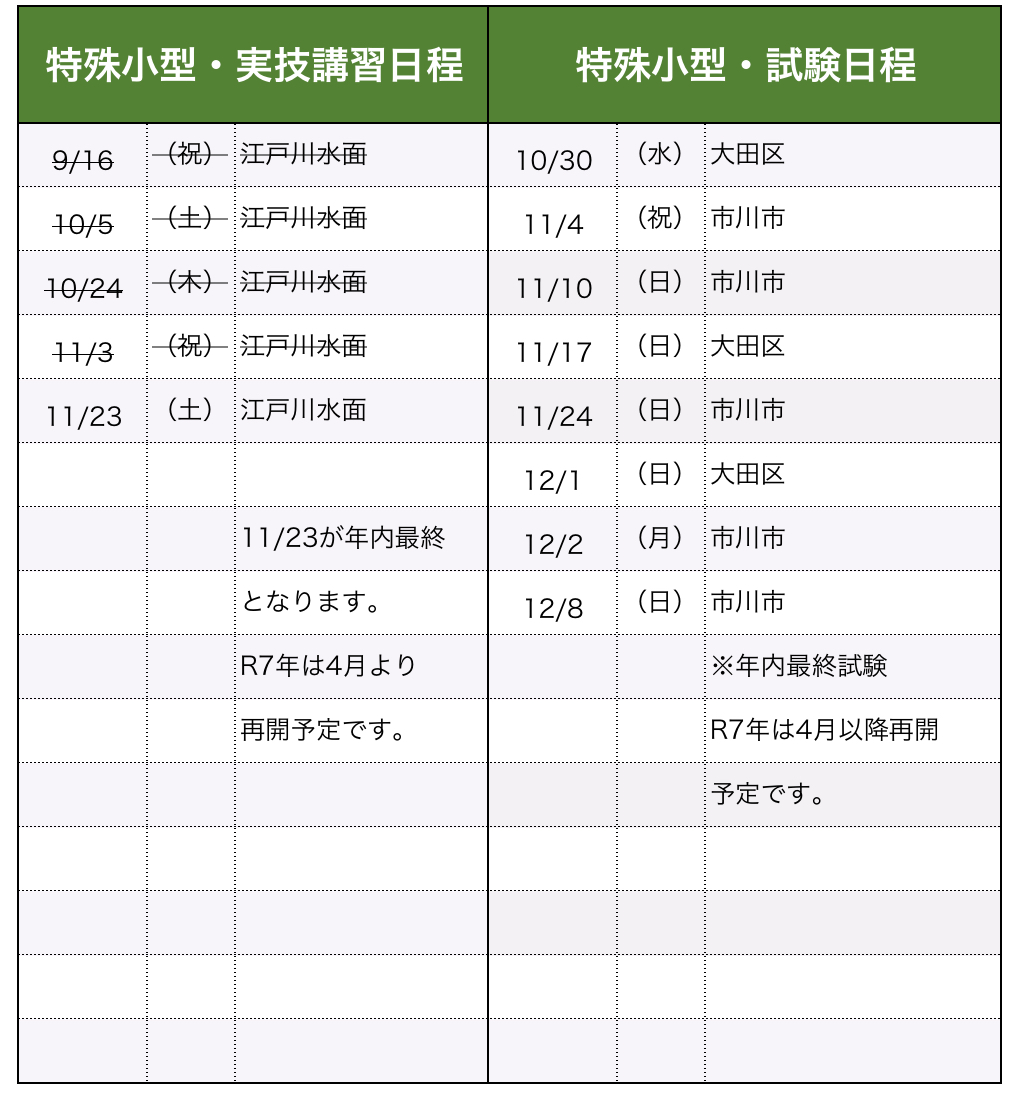 講習・試験日程（特殊小型）