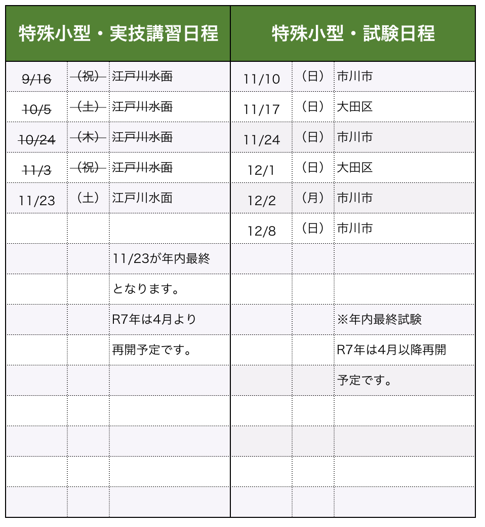 講習・試験日程（特殊小型）