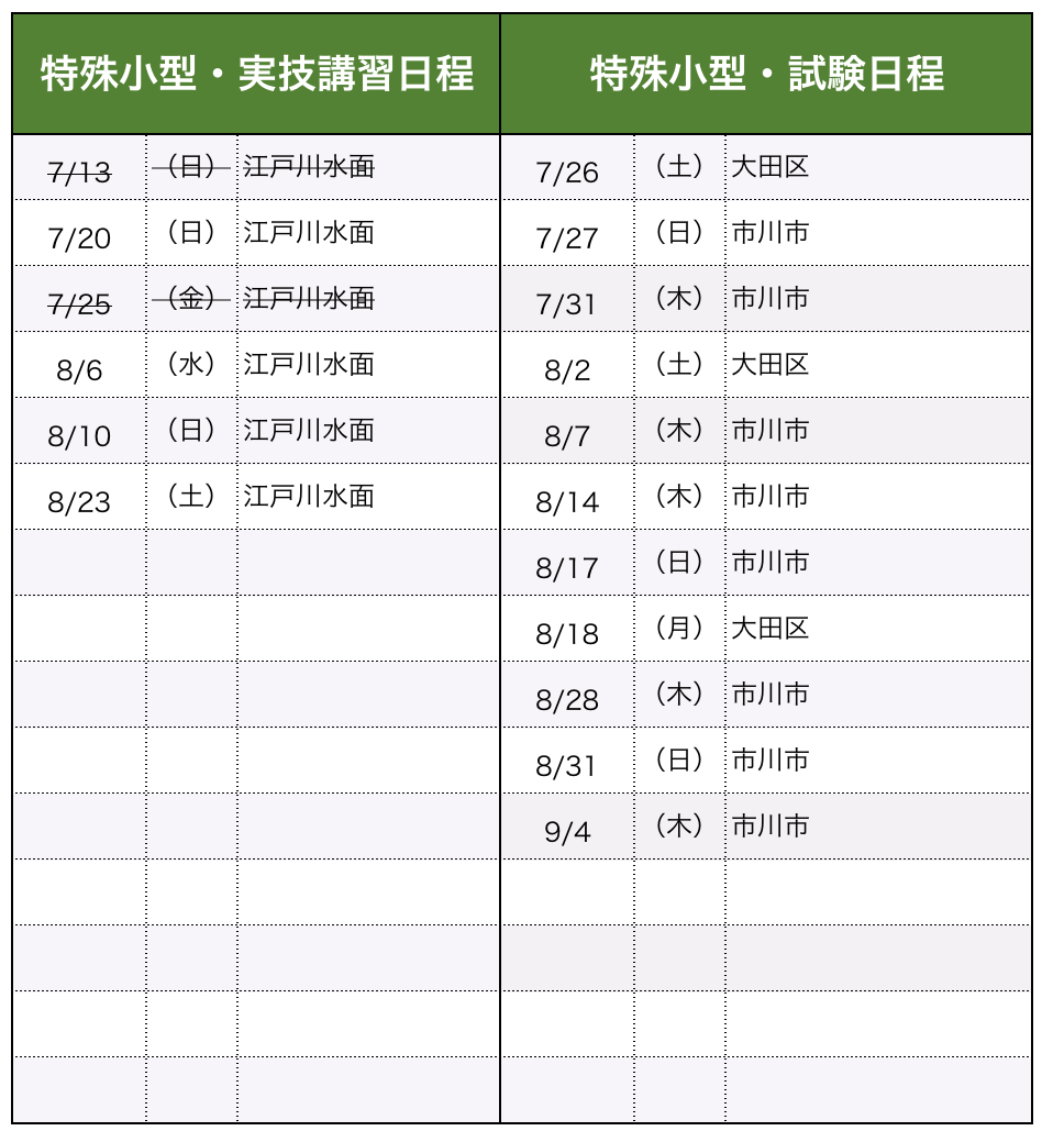 講習・試験日程(特殊小型)