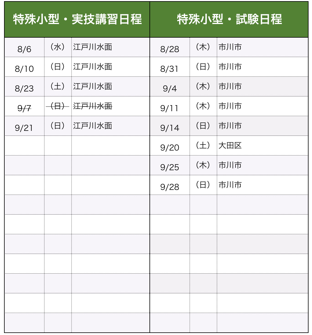 講習・試験日程(特殊小型)