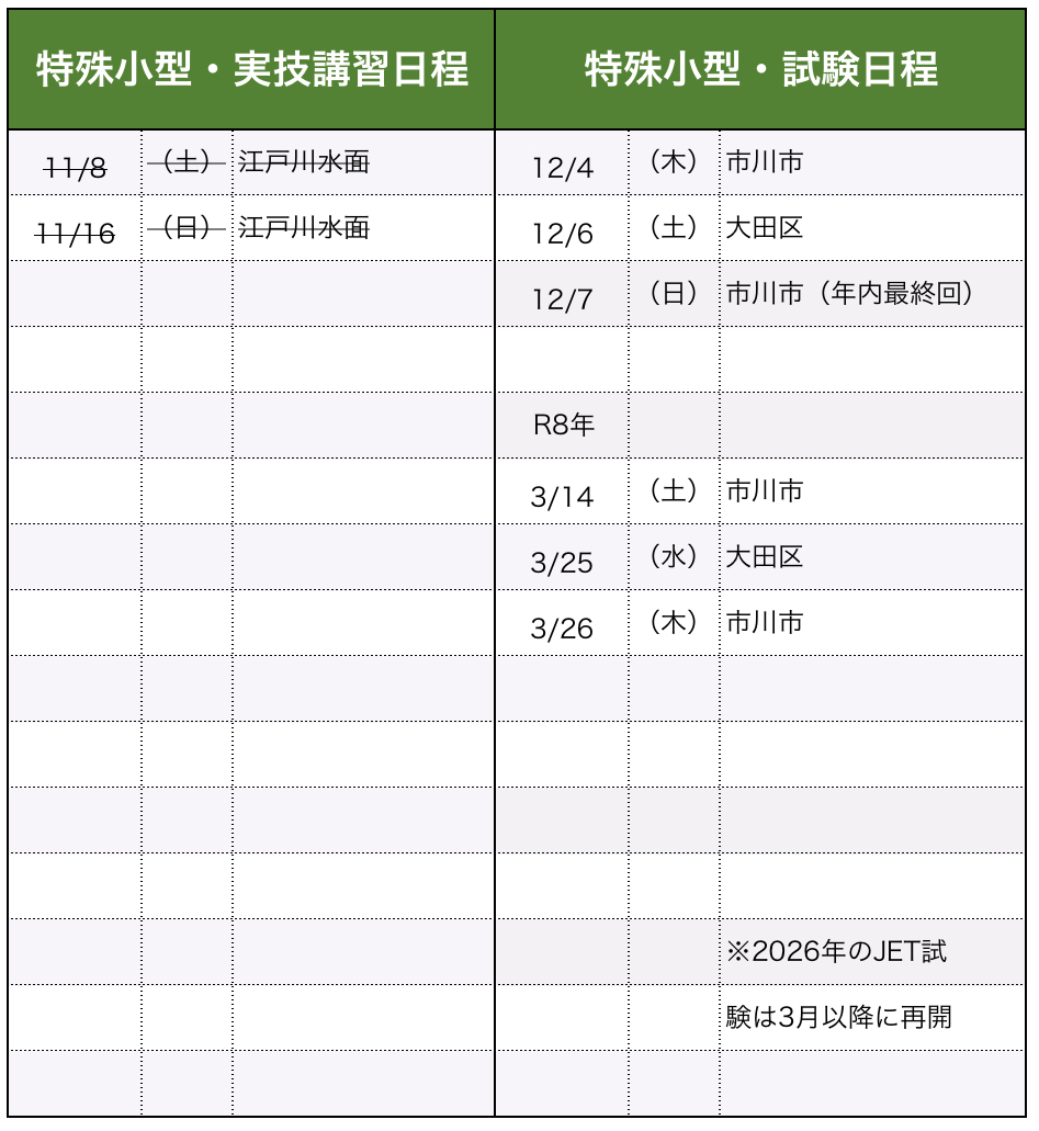 講習・試験日程（特殊小型）