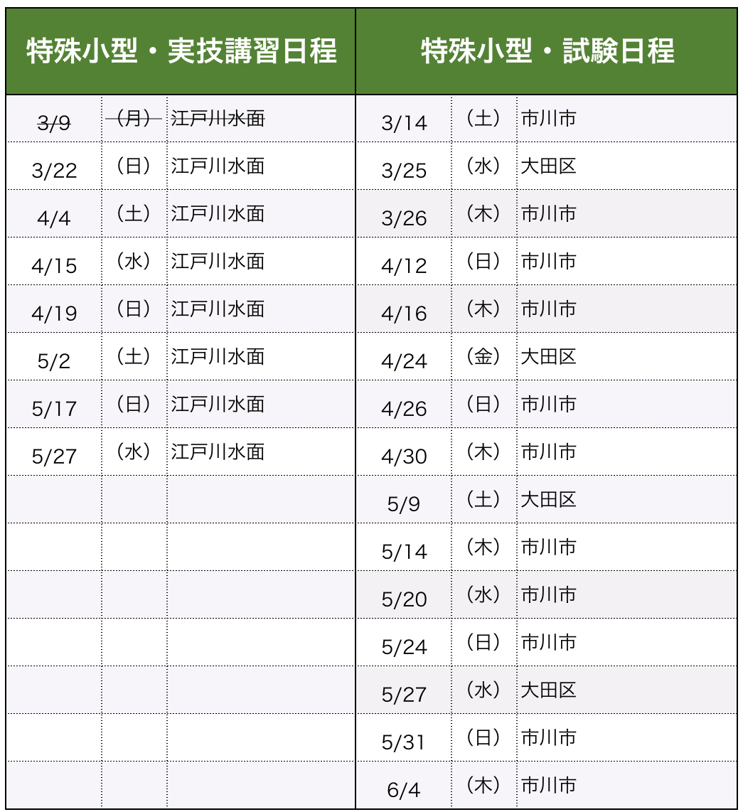 講習・試験日程（特殊小型）