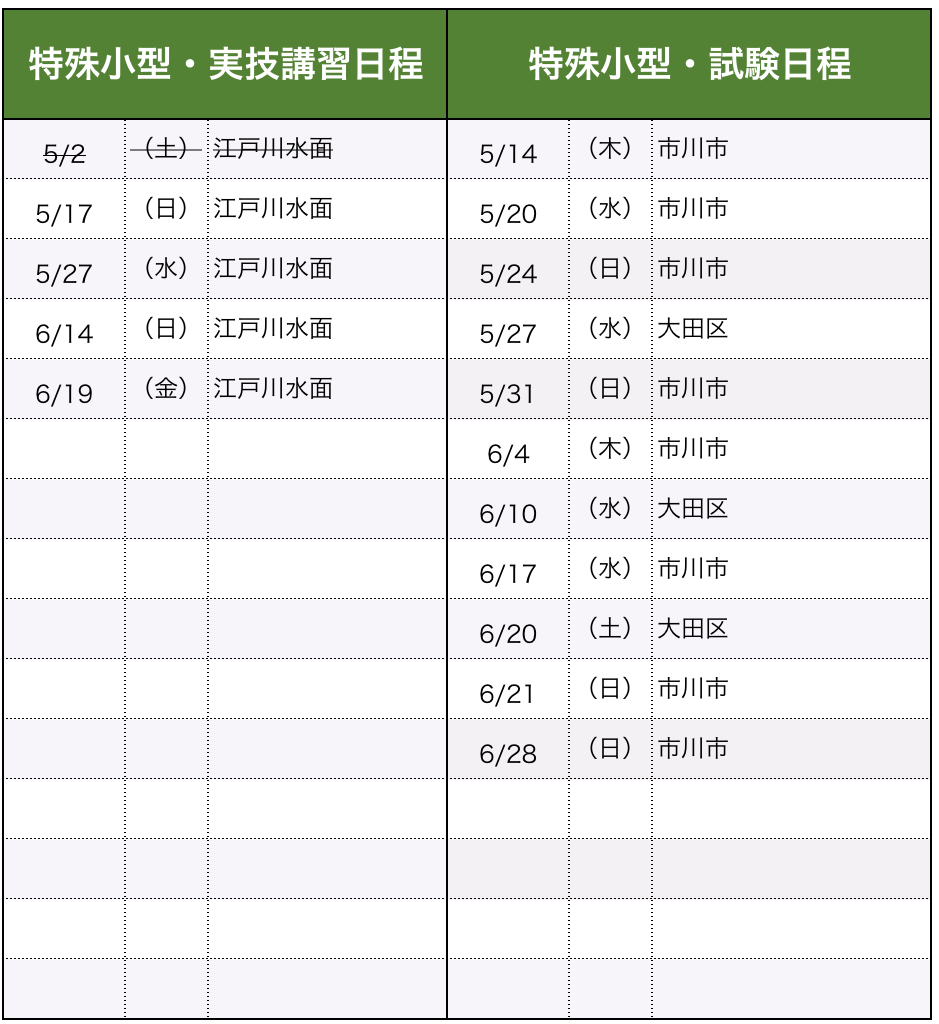講習・試験日程（特殊小型）
