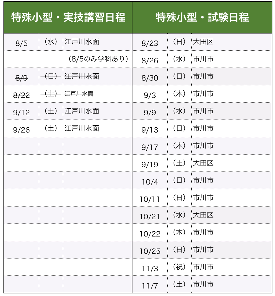 講習・試験日程（特殊小型）