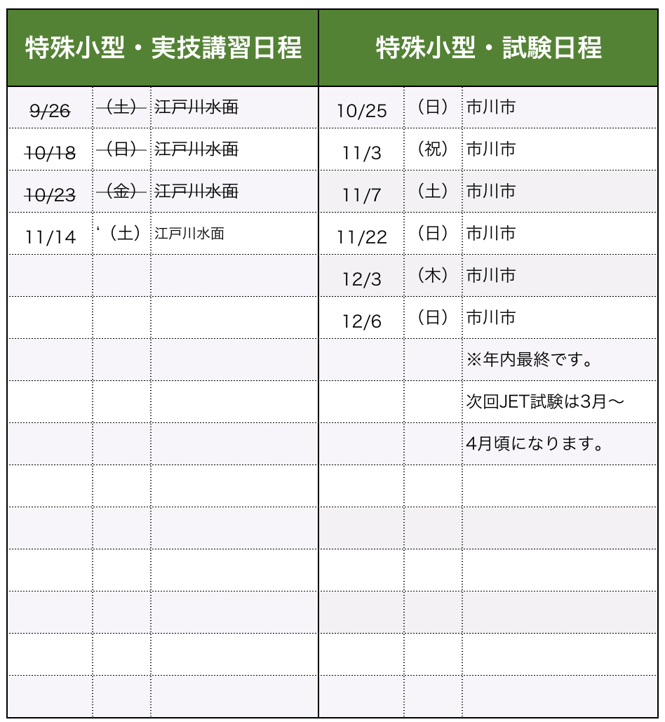 講習・試験日程（特殊小型）